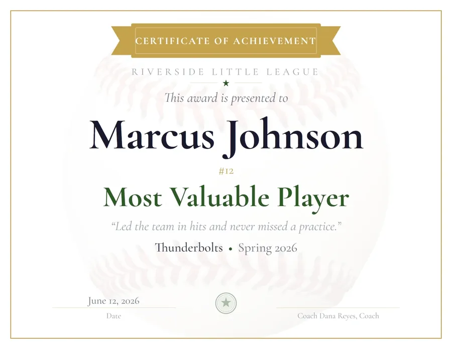 Baseball Athletic award certificate template