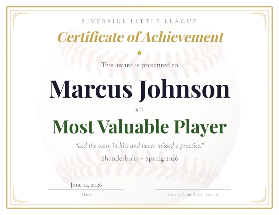 Baseball Classic award certificate template