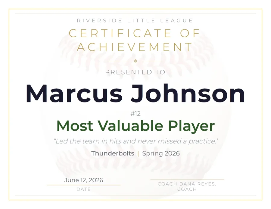 Baseball Modern award certificate template, clean and minimal, free printable PDF