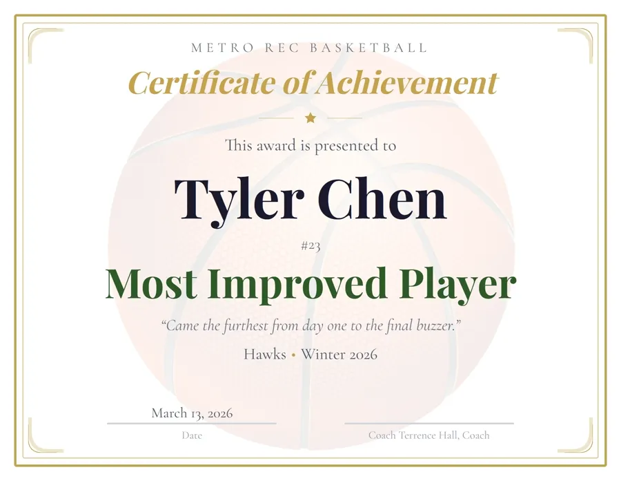 Basketball Classic award certificate template, traditional double border, free printable PDF