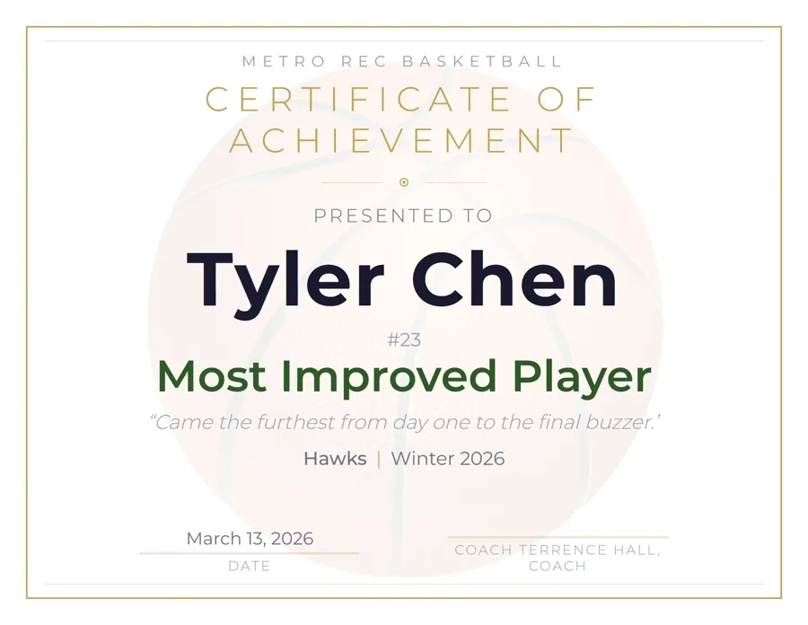 Basketball Modern award certificate template, clean and minimal, free printable PDF