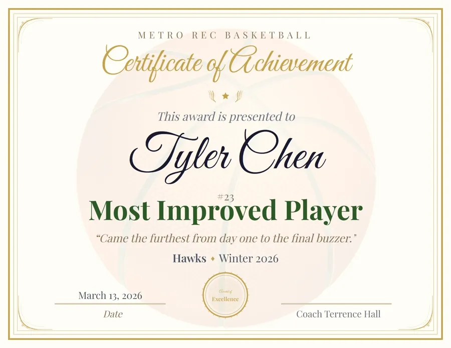 Basketball Premium award certificate template, ornate script lettering, free printable PDF