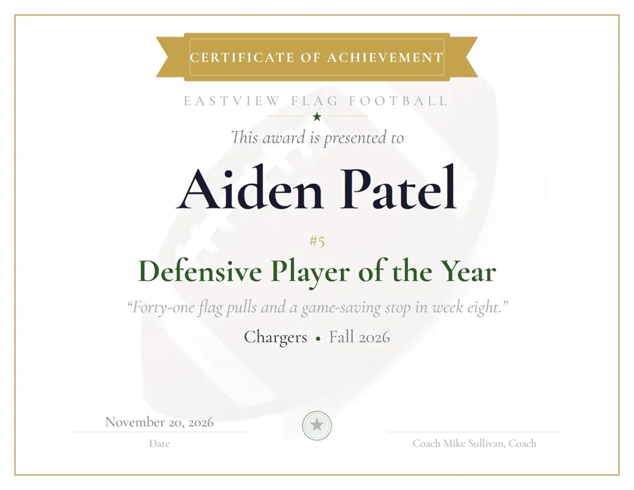 Football Athletic award certificate template, bold banner header, free printable PDF