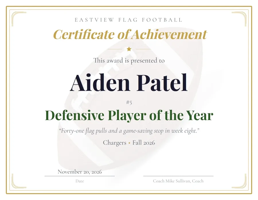 Football Classic award certificate template, traditional double border, free printable PDF