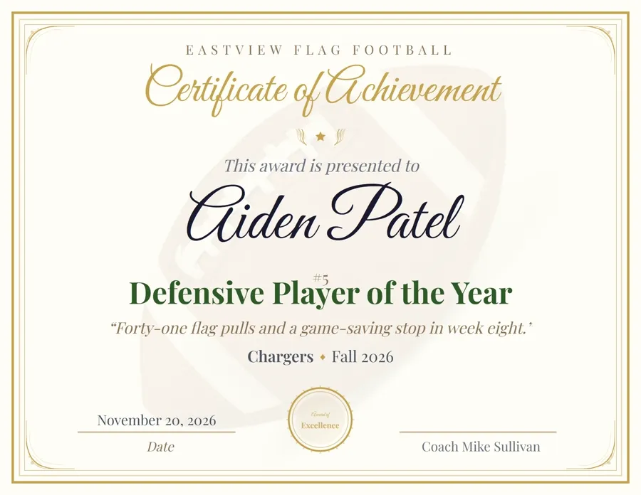 Football Premium award certificate template, ornate script lettering, free printable PDF
