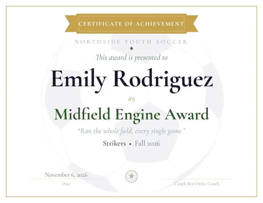 Soccer Athletic award certificate template, bold banner header, free printable PDF