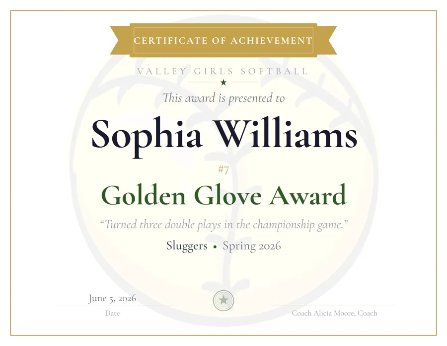 Softball Athletic award certificate template, bold banner header, free printable PDF