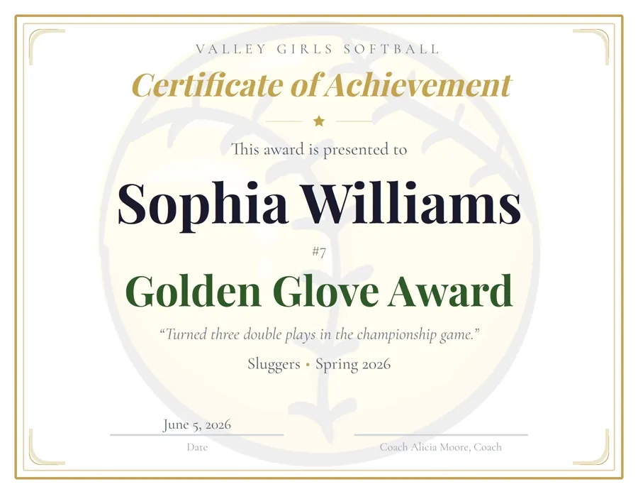 Softball Classic award certificate template