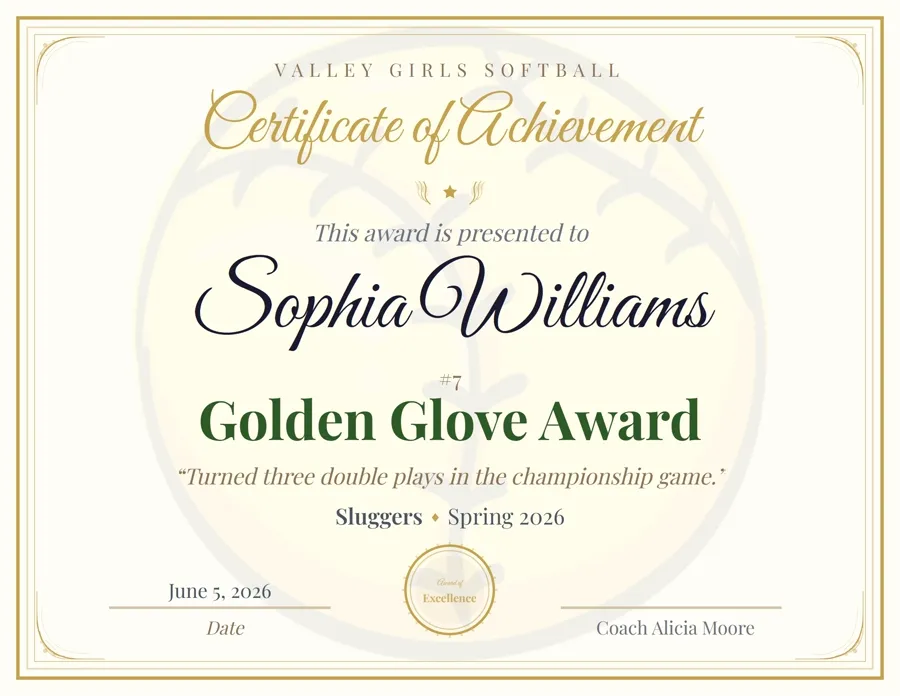 Softball Premium award certificate template, ornate script lettering, free printable PDF