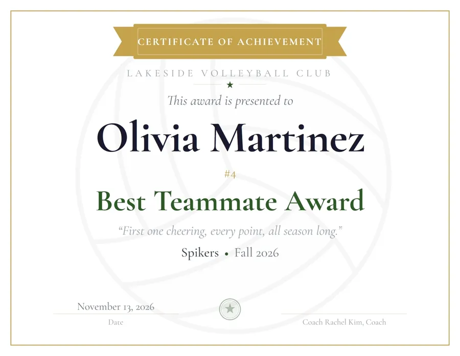 Volleyball Athletic award certificate template, bold banner header, free printable PDF
