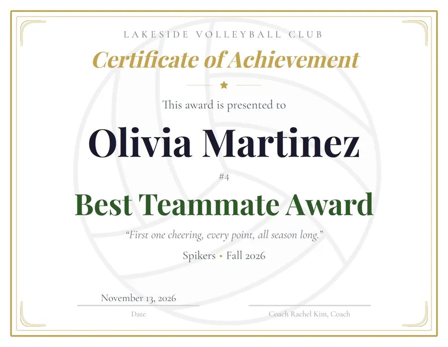Volleyball Classic award certificate template, traditional double border, free printable PDF