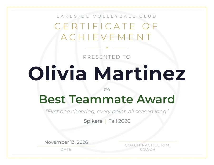 Volleyball Modern award certificate template, clean and minimal, free printable PDF